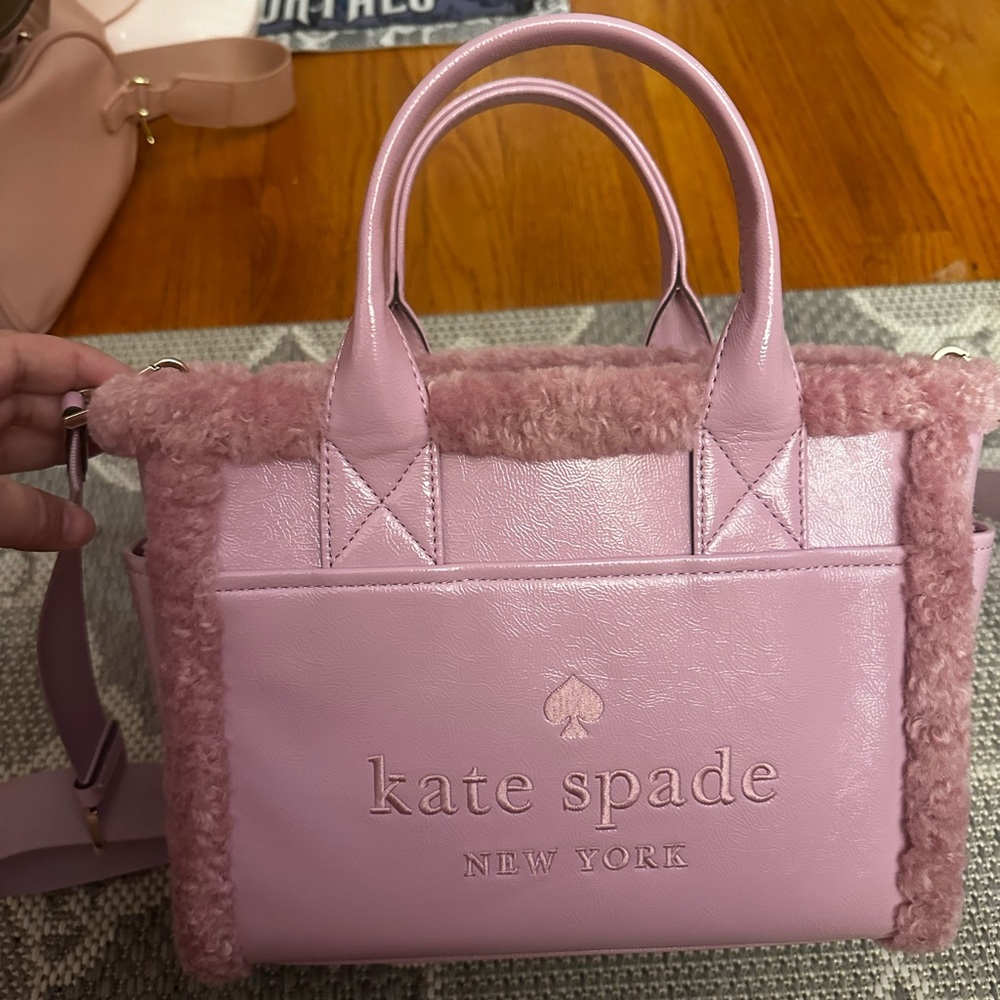 Purple Kate Spade top handle with crossbody and shearling trim